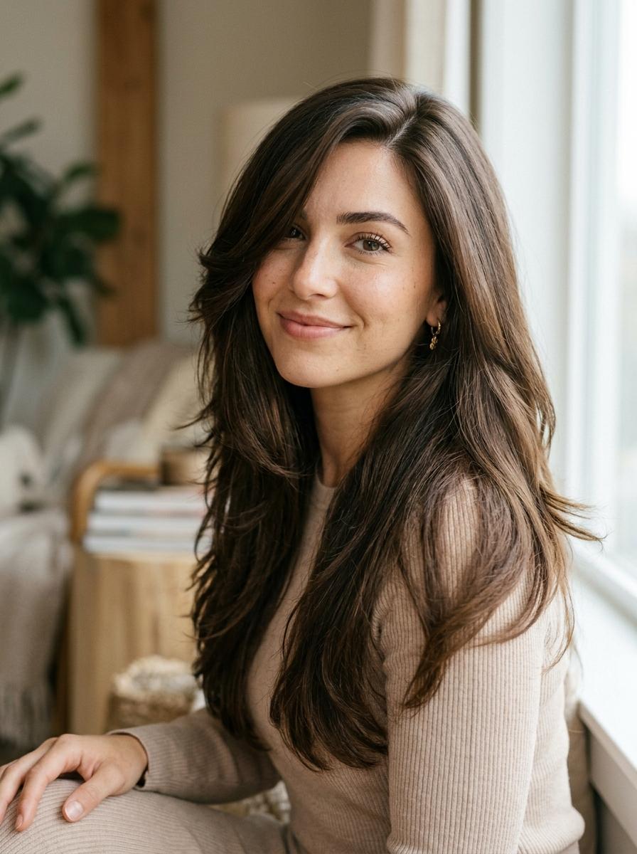 Lange Haare mit Seitenscheitel - moderner Langhaarschnitt